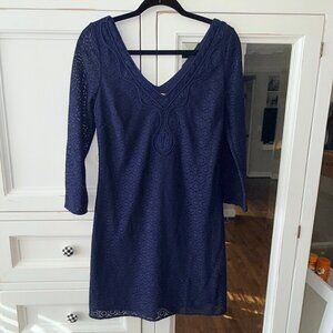 Lilly Pulitzer Alden Tunic Dress True Navy Geo Circle Knit Lace Size MEDIUM NWOT